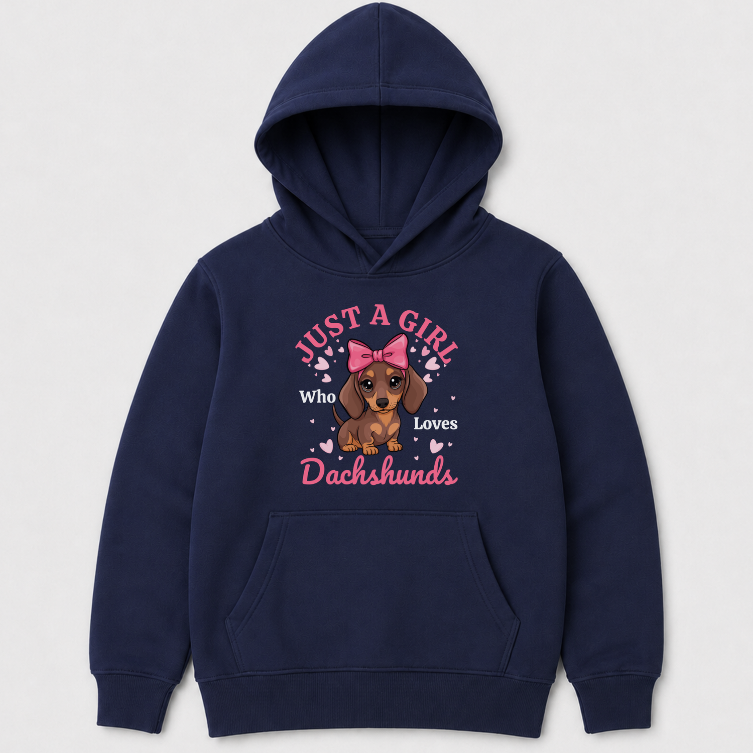 Girls navy navy hoodie printed a brown dachshund puppy in a pink bow surrounded surrounded by hearts and dog-lover wording.