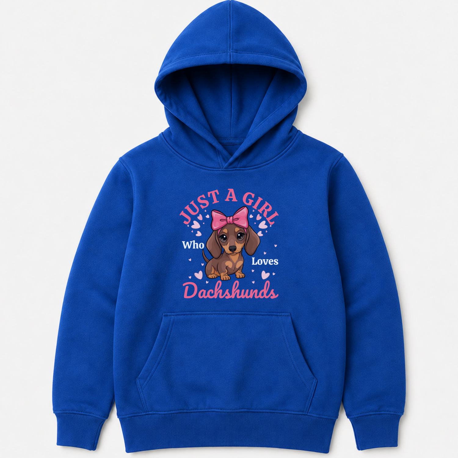 Royal blue girls hoodie with a cute dachshund puppy, pink bow and “Just a Girl Who Loves Dachshunds” graphic.