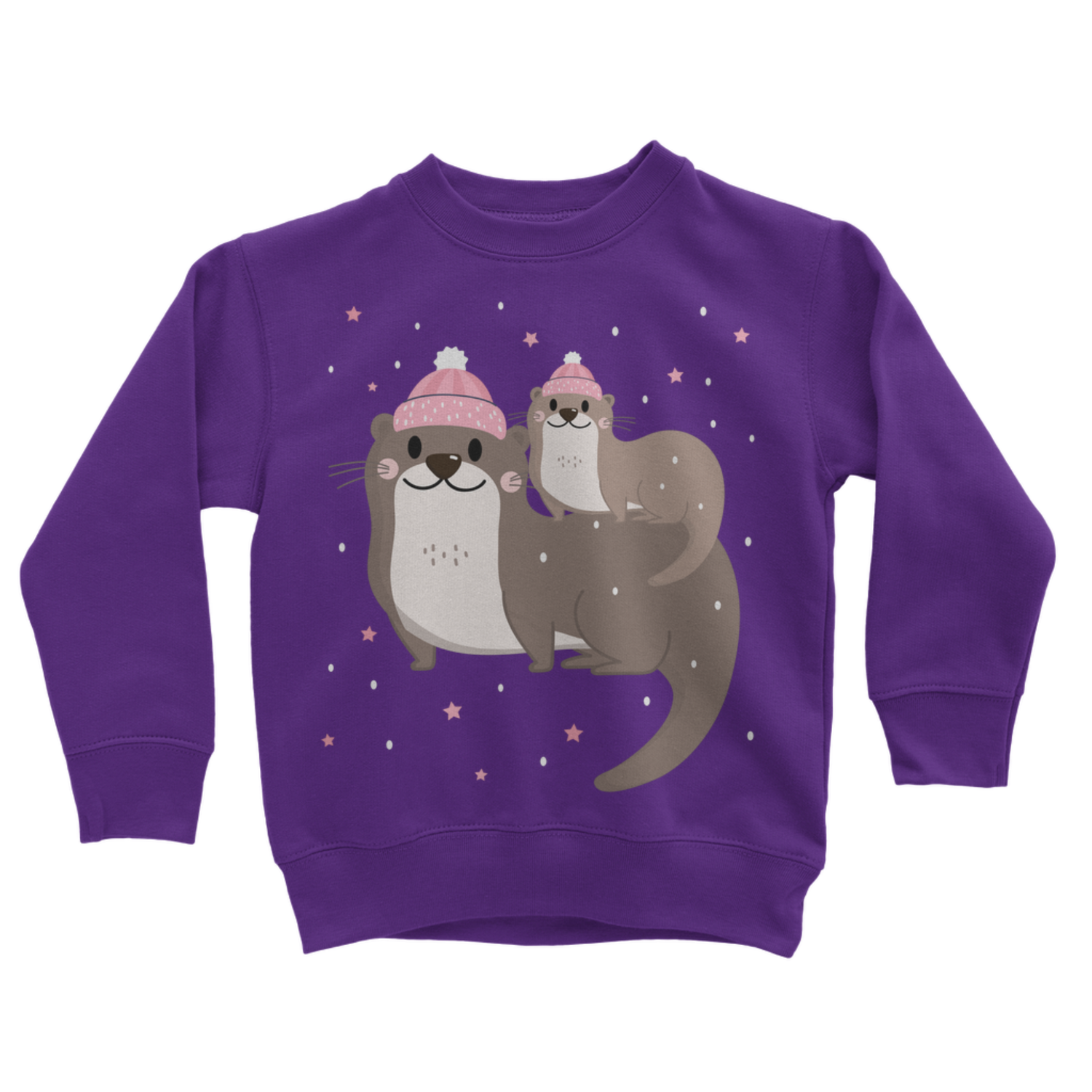 Purple kids sweatshirt with mum and baby winter otters in pink bobble hats, snow and stars graphic front view