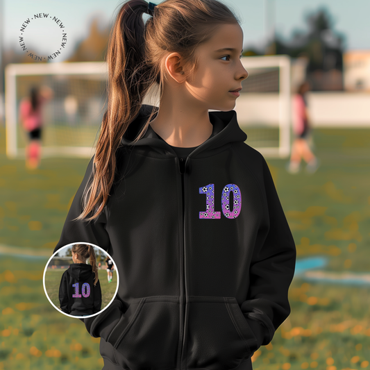 Girls Personalised Football Number Zip Hoodie | 5 - 13 years