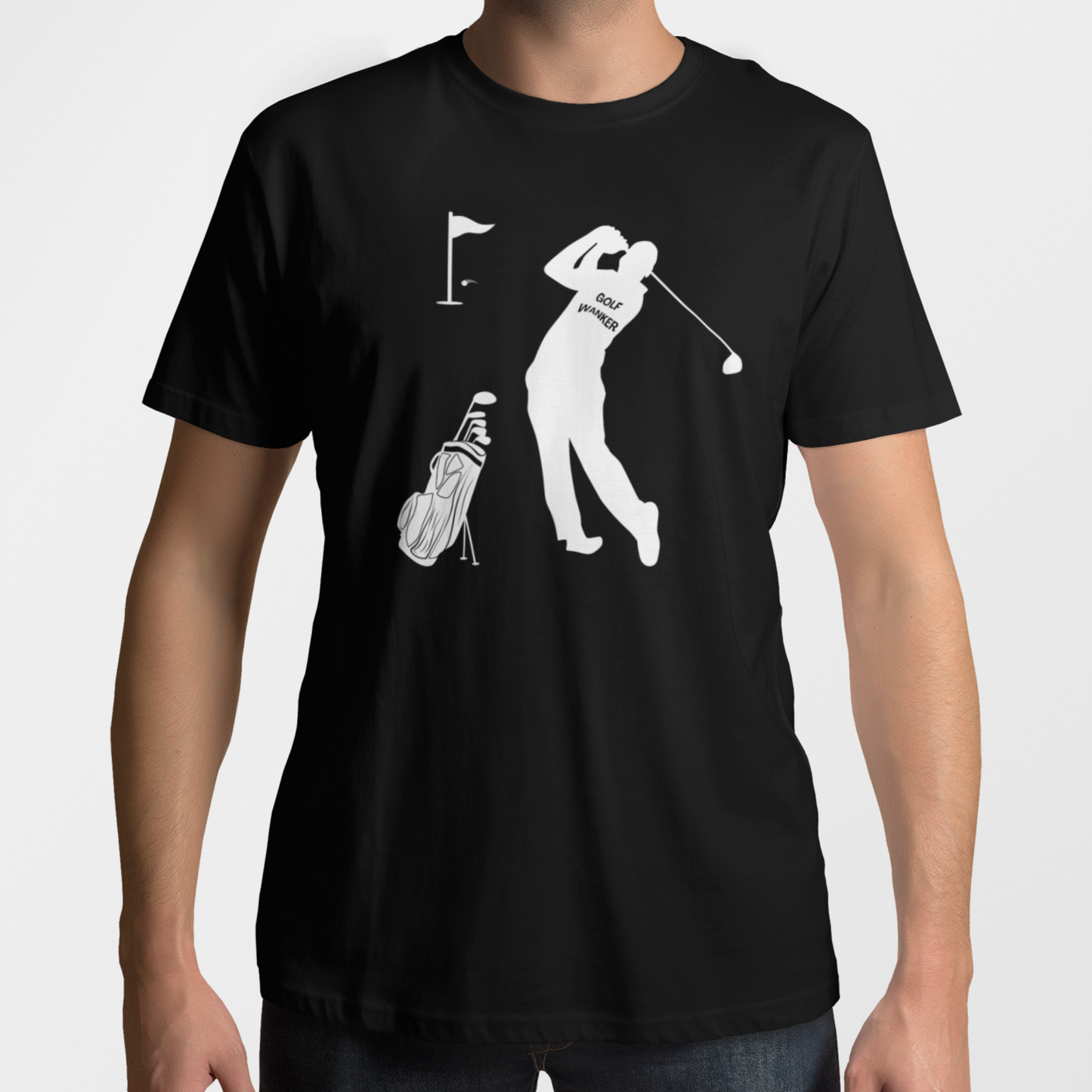 Male model wearing a black “Golf Wanker” graphic t-shirt with white golfer silhouette and golf bag design, studio background.