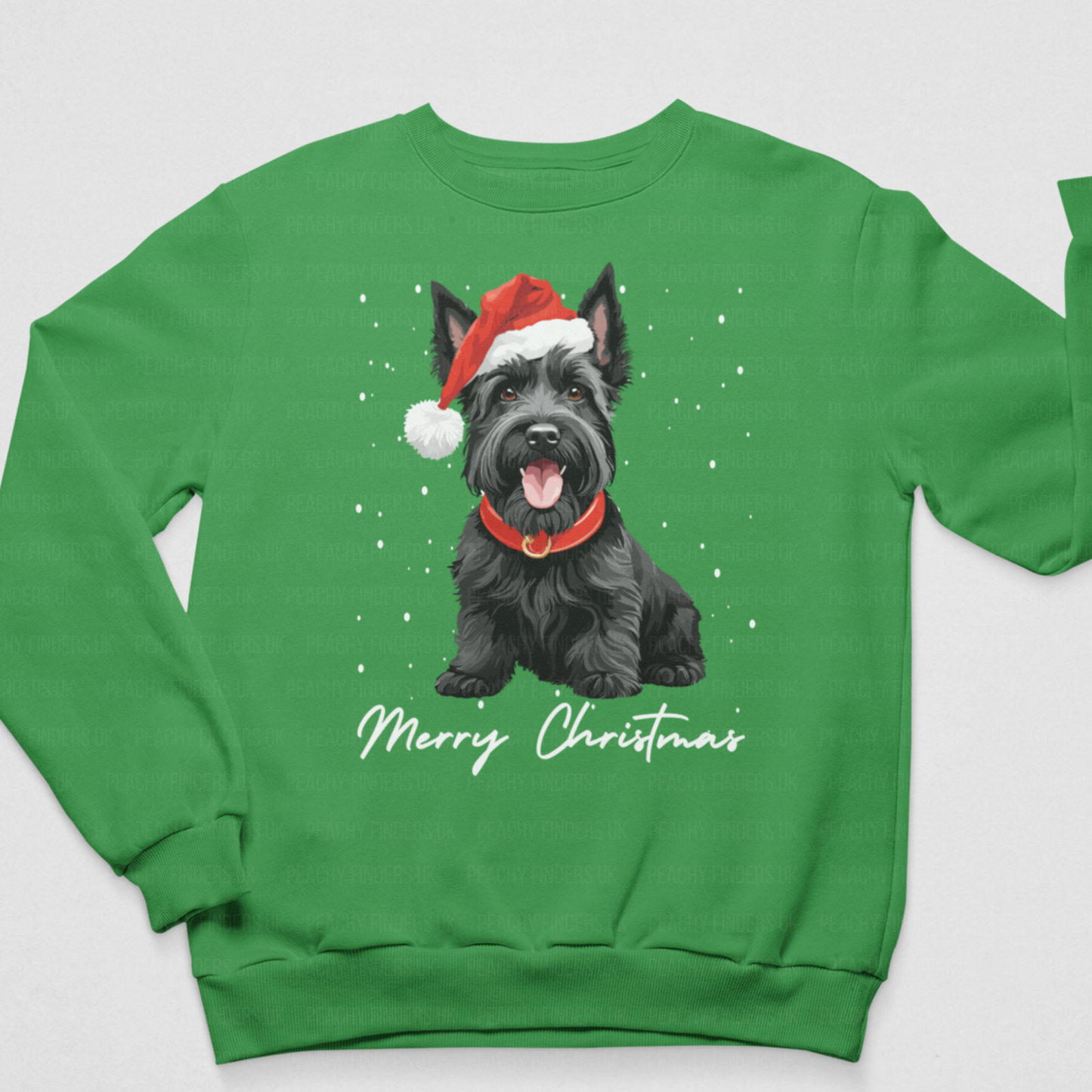 Green sweatshirt with a black scottie dog wearing a Santa hat and 'Merry Christmas' text on a white background