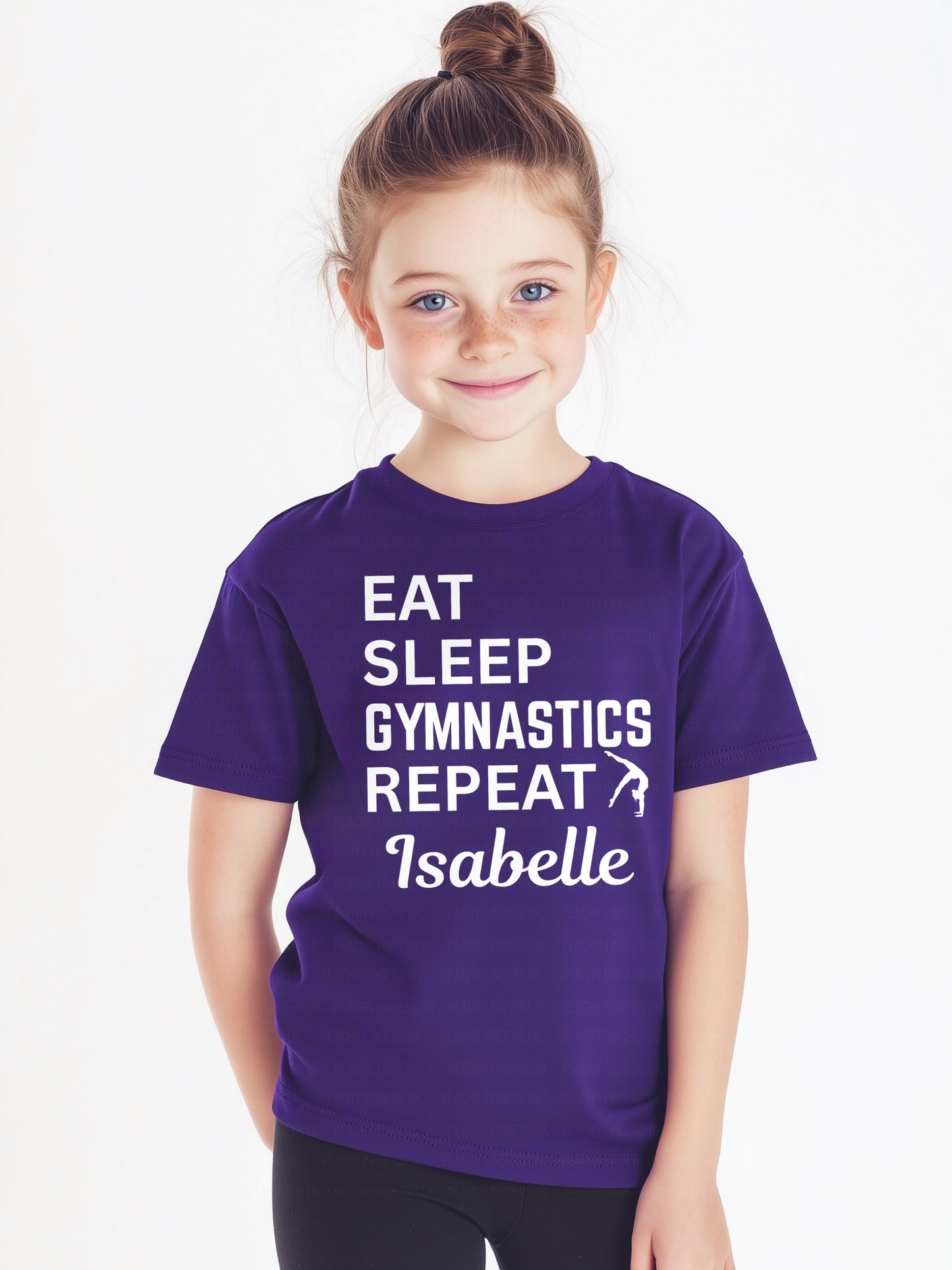 Girl wearing a personalised “Eat Sleep Gymnastics Repeat” kids t-shirt in purple with custom name Isabelle, gymnastics tee for children
