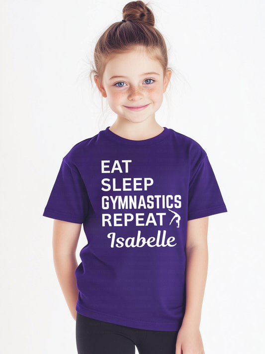 Girl wearing a personalised “Eat Sleep Gymnastics Repeat” kids t-shirt in purple with custom name Isabelle, gymnastics tee for children