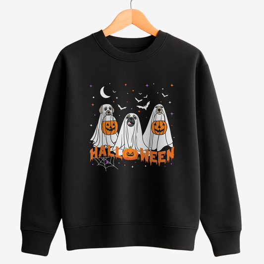 Kids black Halloween sweatshirt featuring three cute ghost dogs holding pumpkins with spooky background and “HALLOWEEN” text.
