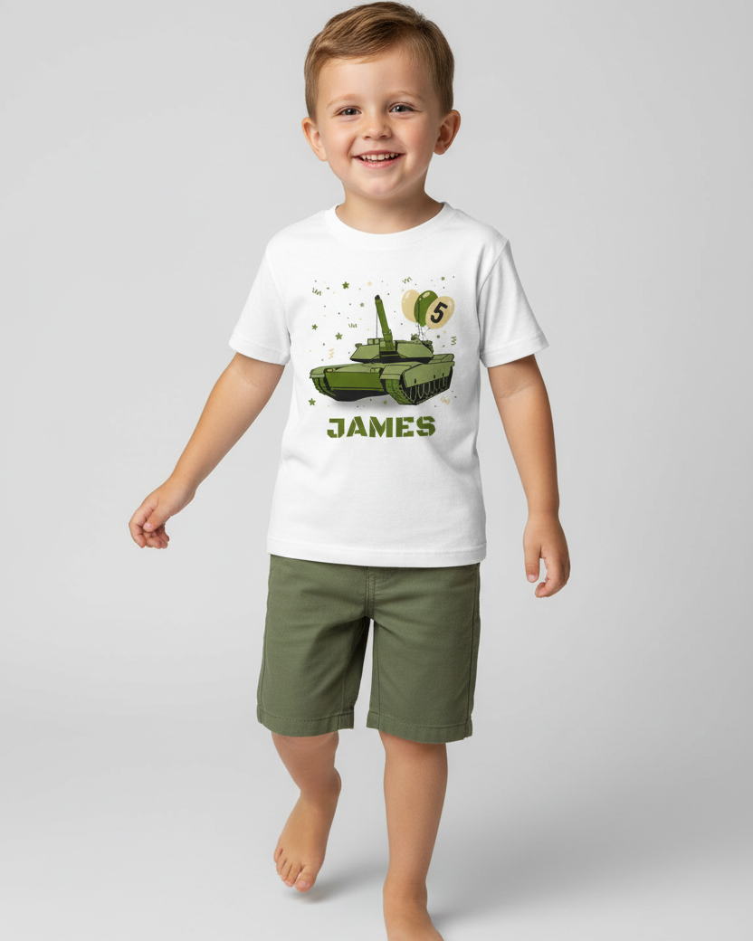 Boy wearing a white t-shirt with a tank graphic and the name 'James' on a plain background