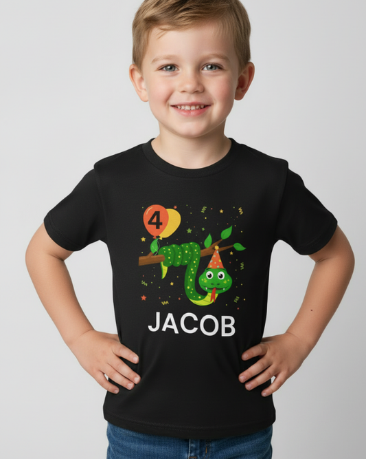 Happy child wearing custom snake birthday t-shirt with name and age design, playful pose