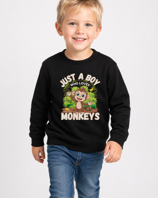 Kids monkey sweatshirt black – “Just a Boy Who Loves Monkeys” animal graphic jumper for boys