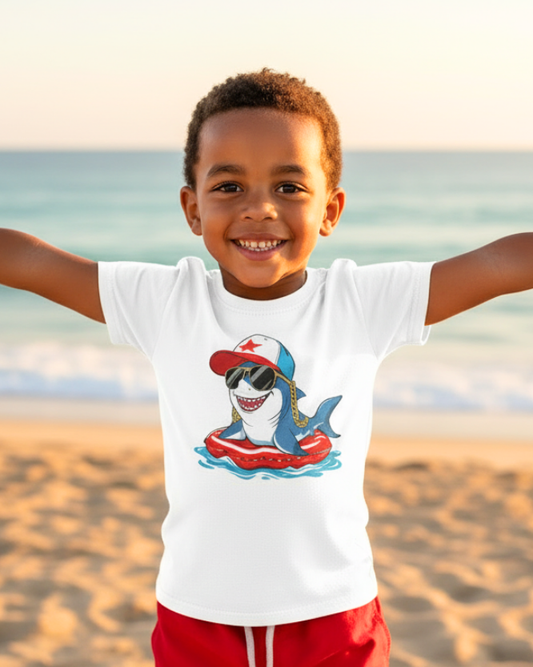 Happy child wearing white shark t-shirt at the beach, fun summer kids outfit with playful graphic design