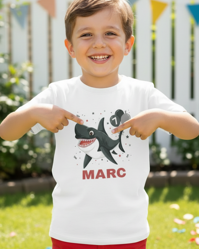Happy child pointing at personalised shark t-shirt with name Marc, fun kids birthday outfit outdoors