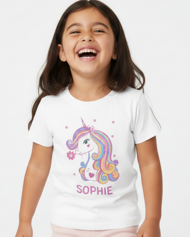 Happy girl wearing personalised unicorn t-shirt with name “Sophie”, white kids unicorn tee with colourful design and playful style