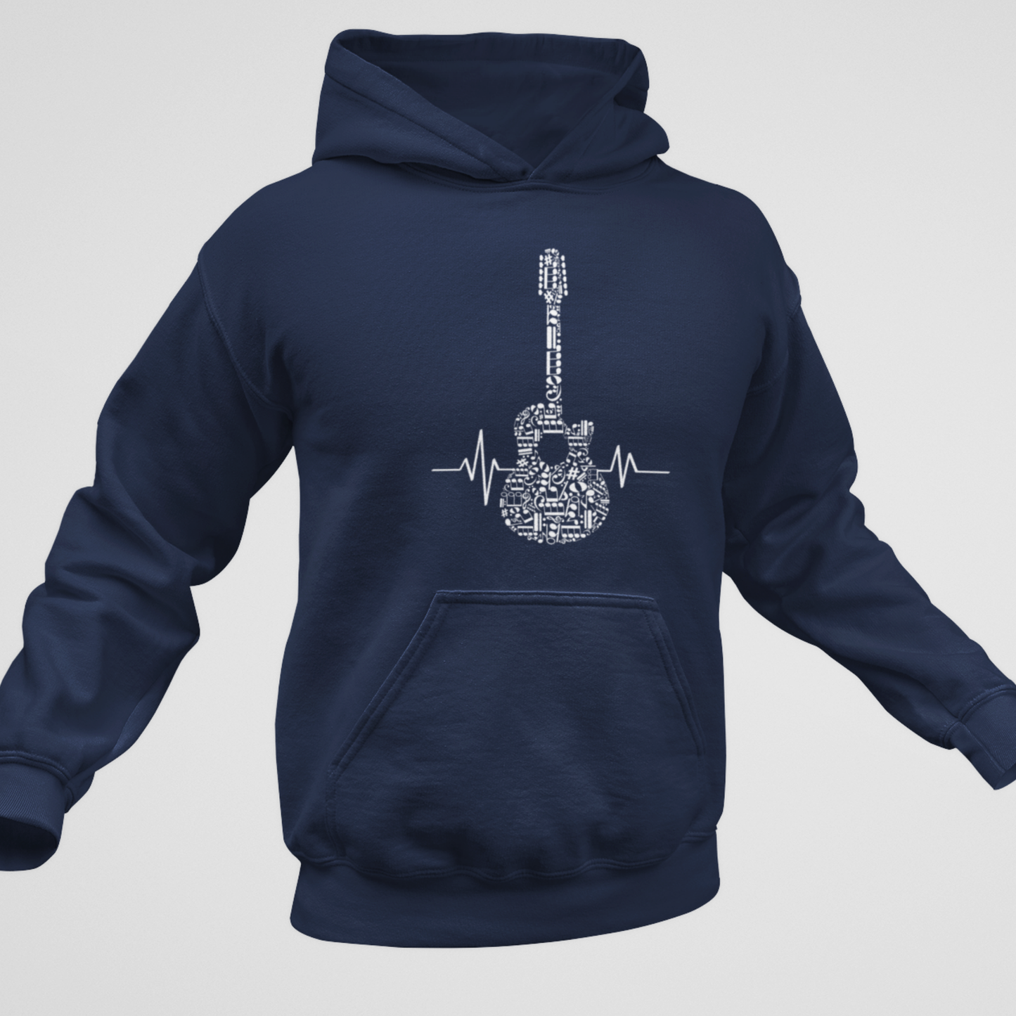 Navy hoodie with white heartbeat acoustic guitar made up of musical notes graphic on the front