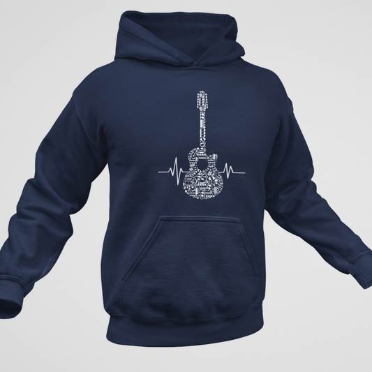 Navy hoodie with white heartbeat acoustic guitar made up of musical notes graphic on the front