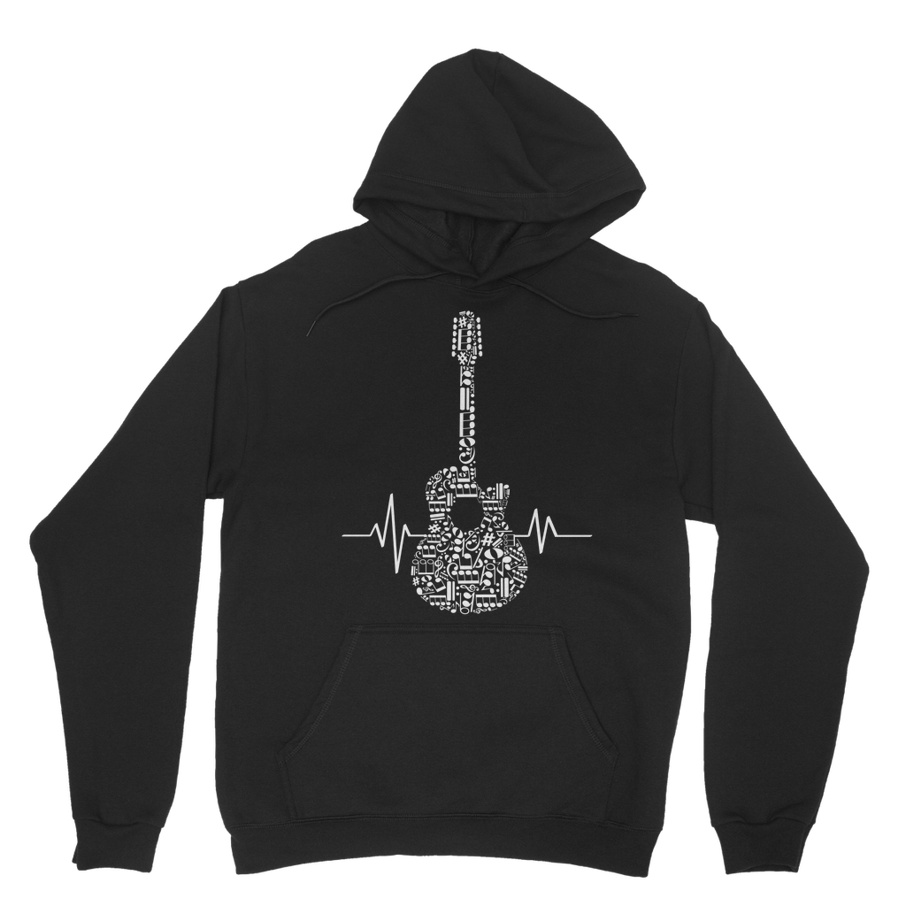 Adults black hoodie with white heartbeat acoustic guitar made up of musical notes graphic on the front