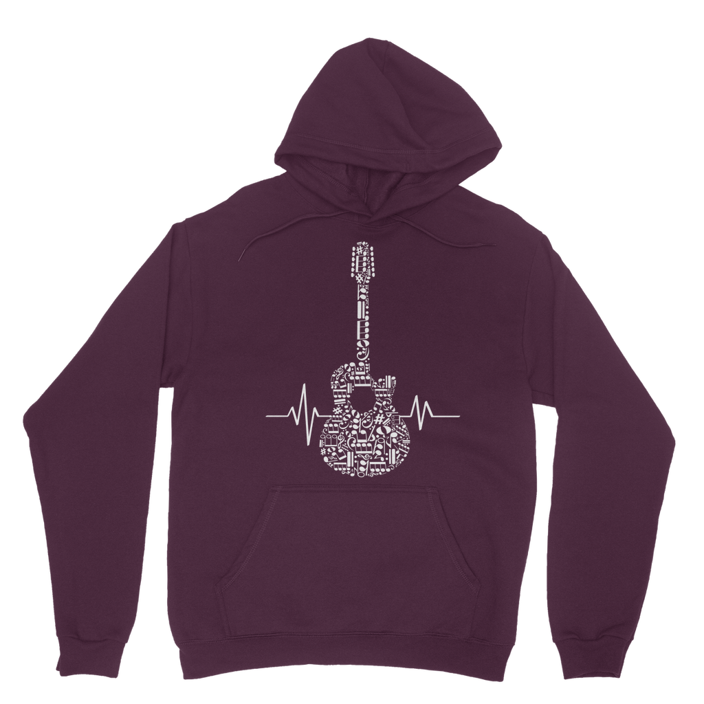 Adults burgundy hoodie with white heartbeat acoustic guitar made up of musical notes graphic on the front