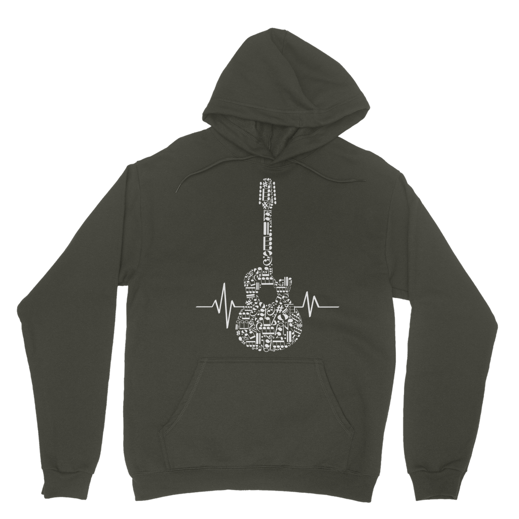 Adults combat green hoodie with white heartbeat acoustic guitar made up of musical notes graphic on the front