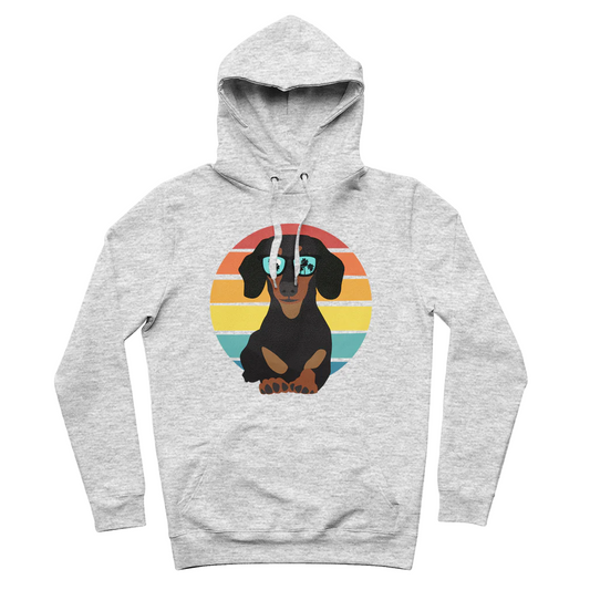 Heather Grey hoodie with a graphic of a black and tan dachshund wearing sunglasses reflecting palm trees against a retro striped circle.