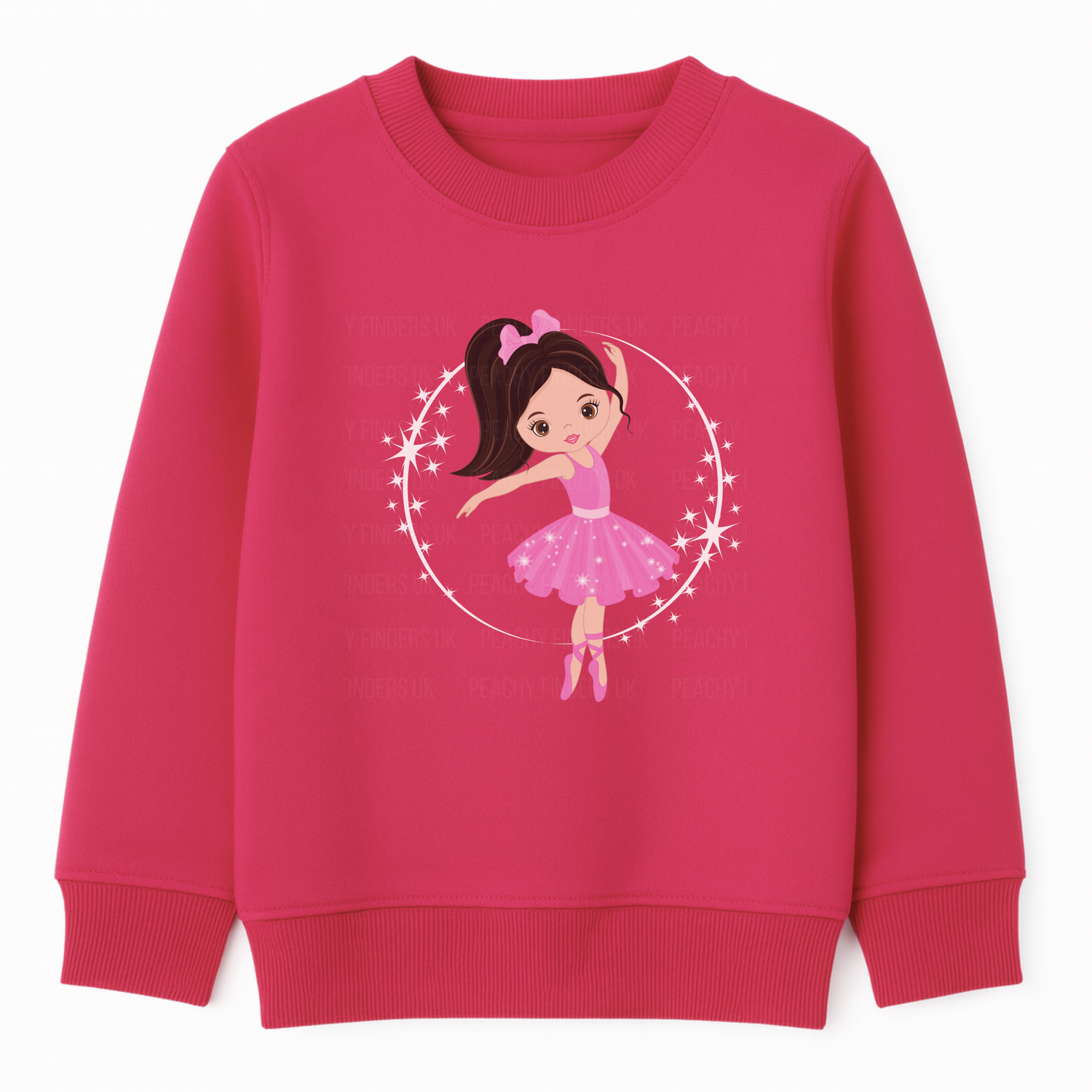 Girls hot pink sweatshirt featuring a cute cartoon ballerina in a pink tutu and bow, dancing inside a circle of stars. 