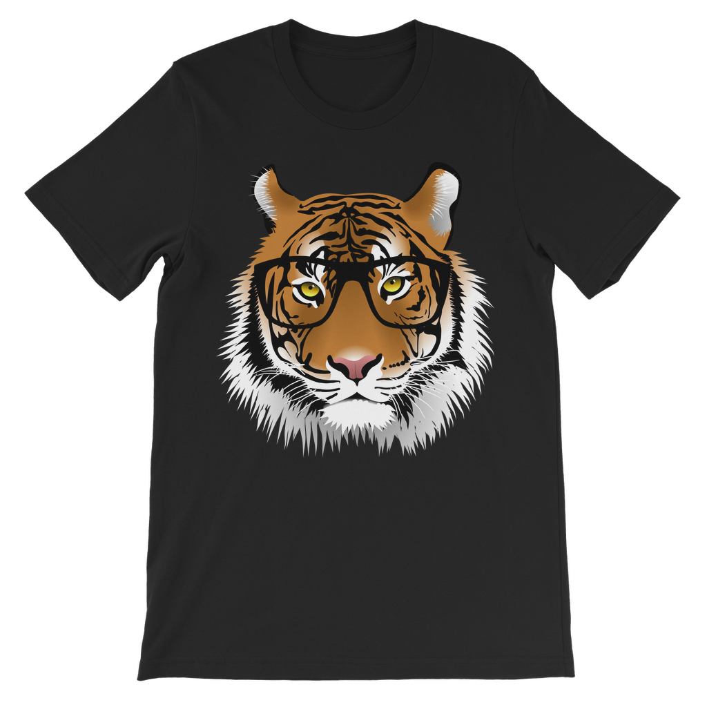 Kids short sleeve black cotton t-shirt featuring a tiger wearing glasses 