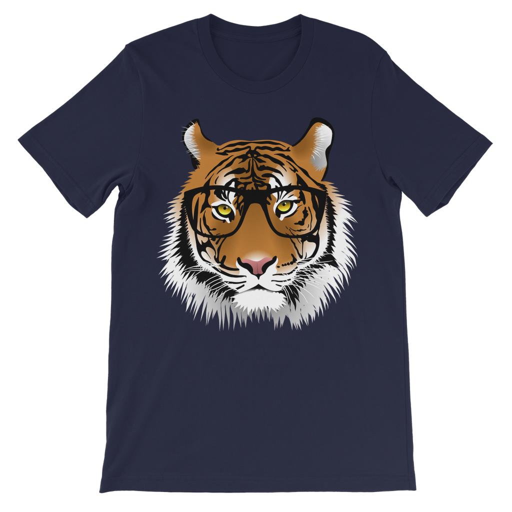 Kids short sleeve navy cotton t-shirt featuring a tiger wearing glasses 