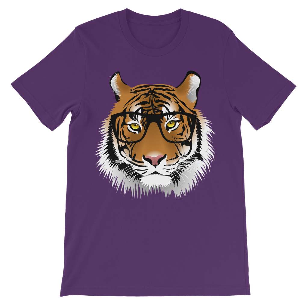 Kids short sleeve purple cotton t-shirt featuring a tiger wearing glasses 