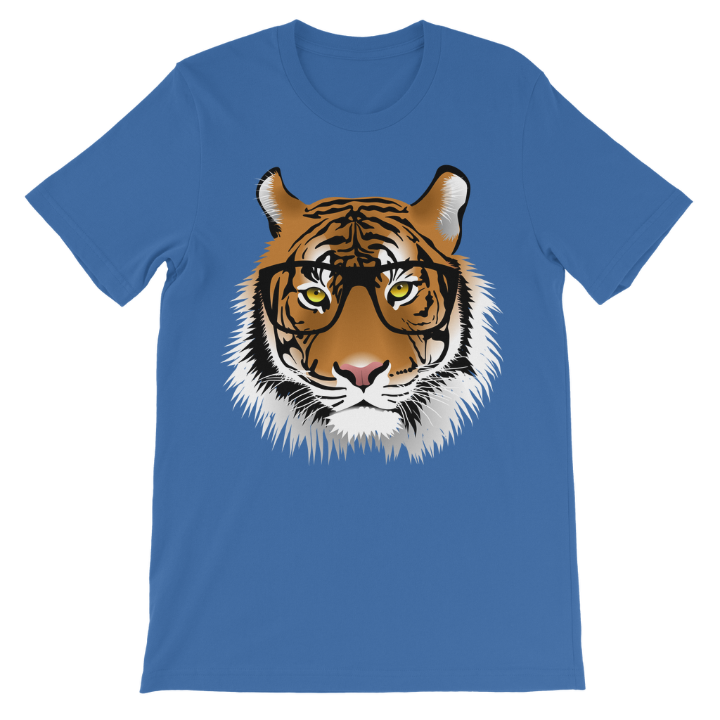Kids short sleeve royal blue cotton t-shirt featuring a tiger wearing glasses 