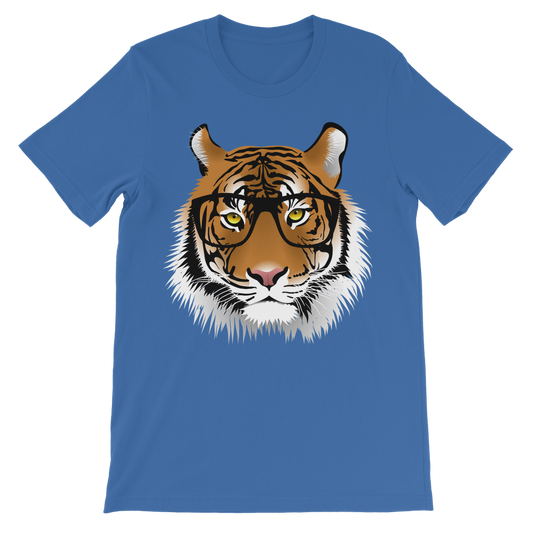 Kids short sleeve royal blue cotton t-shirt featuring a tiger wearing glasses