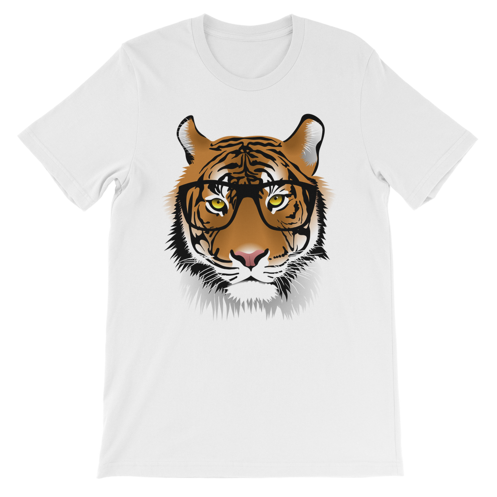 Kids white cotton t-shirt featuring a tiger wearing glasses 