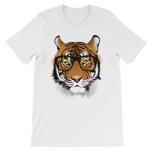 Kids white cotton t-shirt featuring a tiger wearing glasses 