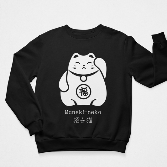 A black crewneck sweatshirt featuring a white graphic of a waving Maneki-neko (lucky cat) with Japanese characters underneath, displayed flat against a light grey background.