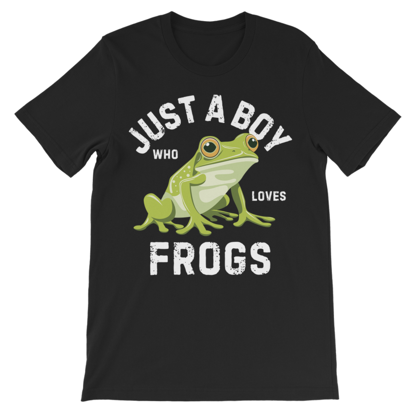A kids black short-sleeve cotton crewneck t-shirt featuring a graphic print of a green frog with the text 'JUST A BOY WHO LOVES FROGS' in distressed white lettering.