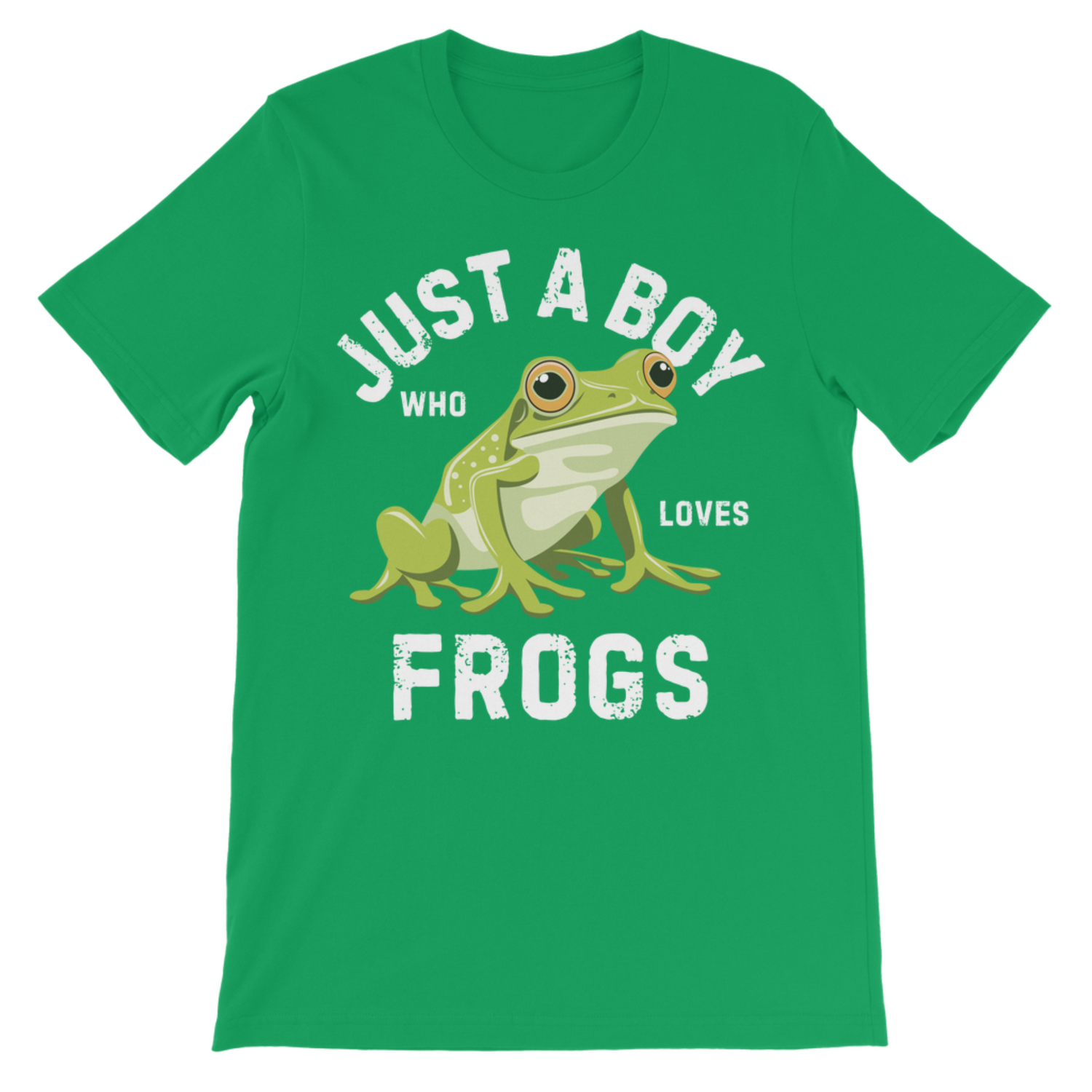 A kids green short-sleeve crewneck t-shirt featuring a graphic of a green frog with the text 'JUST A BOY WHO LOVES FROGS' in white distressed lettering.