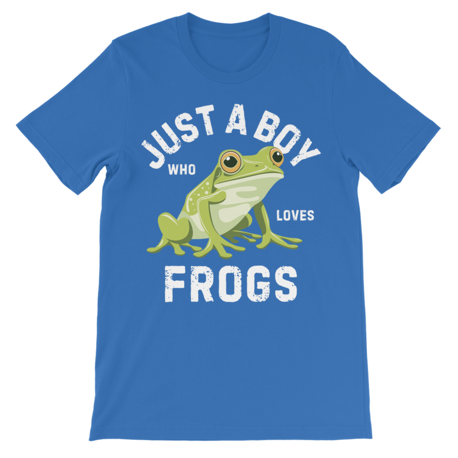 Royal blue boys frog T-shirt with “Just A Boy Who Loves Frogs” slogan and cute green frog graphic on the front.