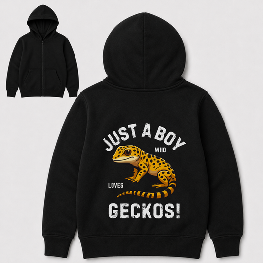 A kids black zip-up hoodie shown from the back, featuring a large graphic print of a yellow and black leopard gecko with the text 'JUST A BOY WHO LOVES GECKOS!' in white. A smaller inset image in the top-left shows the front view of the same hoodie on a light grey background.