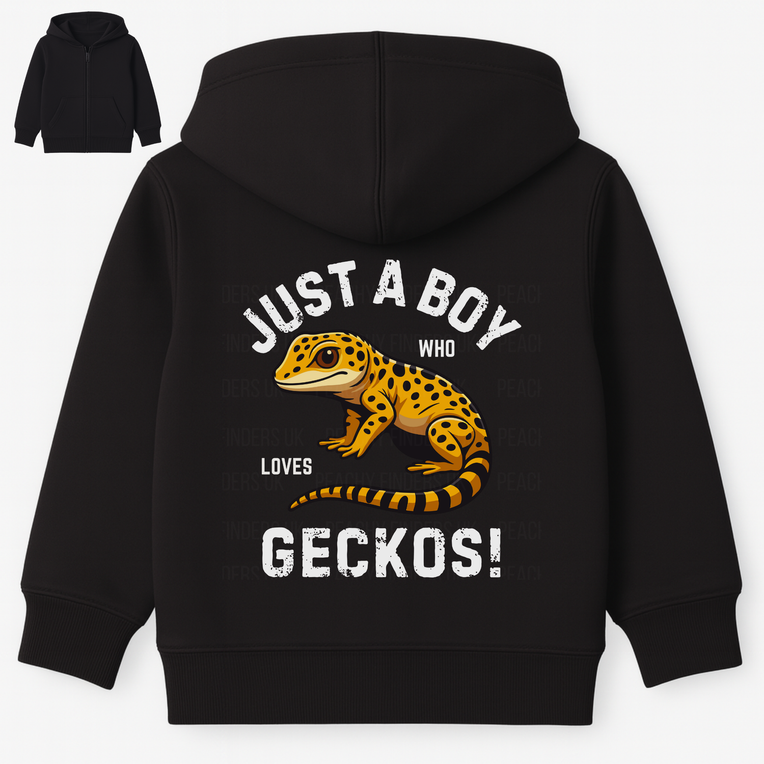 Boys zip hoodie in black with “Just A Boy Who Loves Geckos!” back print and leopard gecko graphic, reptile lover hoodie for kids.