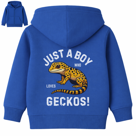 Royal blue kids zip hoodie shown from the back with “Just A Boy Who Loves Geckos!” slogan and yellow gecko illustration, boys gecko hoodie ages 3–13.
