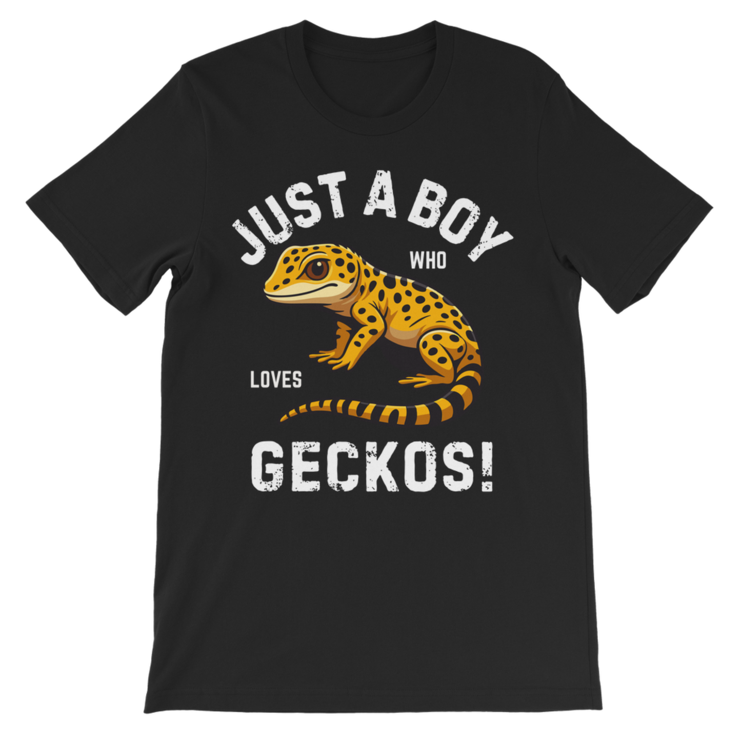 Kids black cotton tee featuring “Just a Boy Who Loves Geckos!” with a cute leopard gecko graphic.