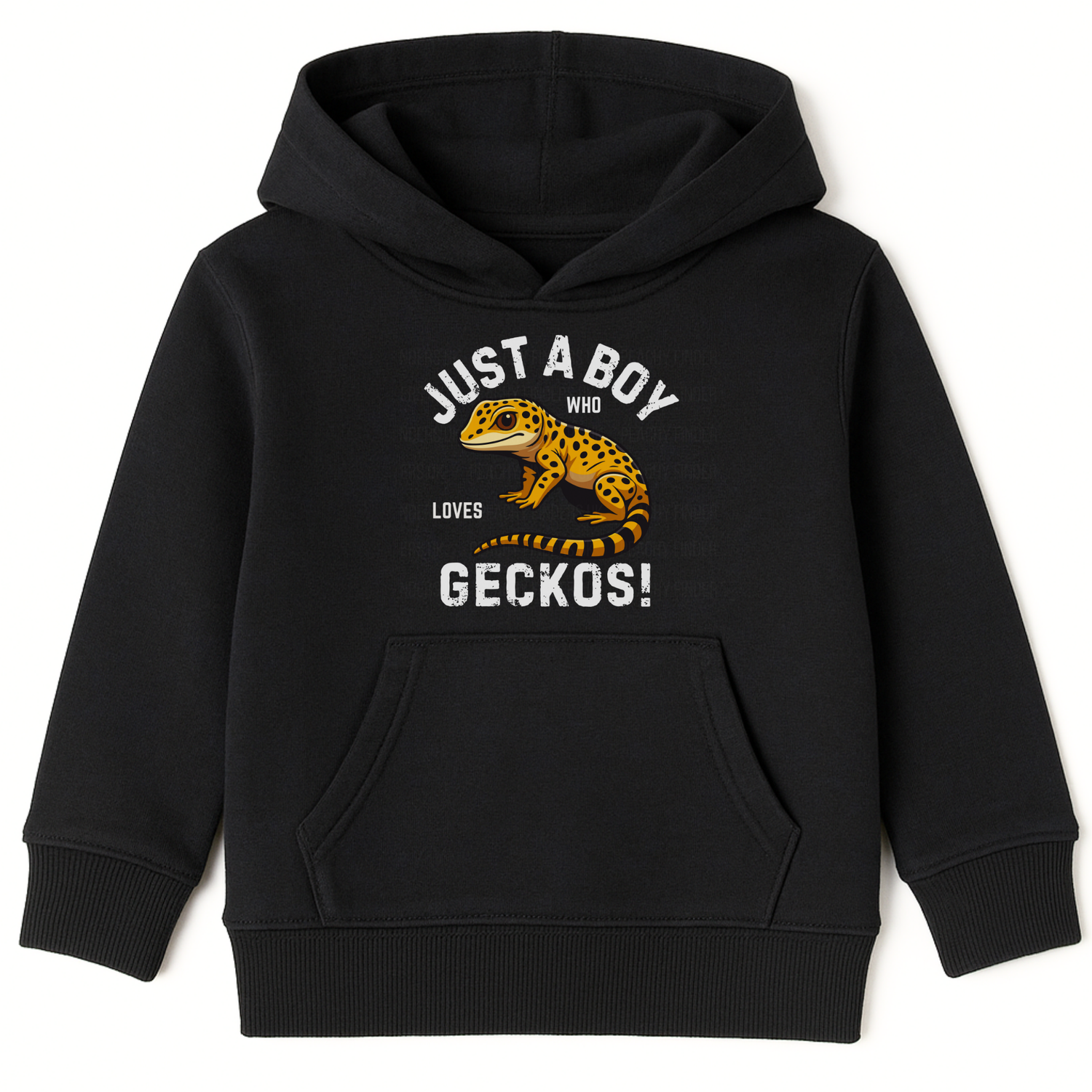 Boys black pullover hoodie with “Just a Boy Who Loves Geckos” slogan and a yellow leopard gecko graphic on the front.