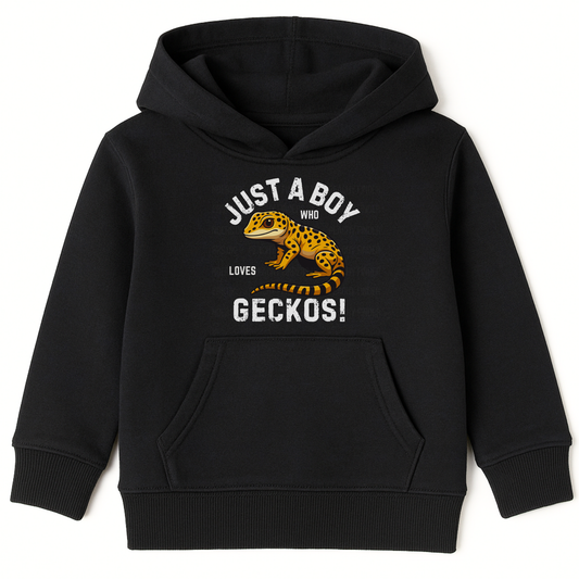 Boys black pullover hoodie with “Just a Boy Who Loves Geckos” slogan and a yellow leopard gecko graphic on the front.