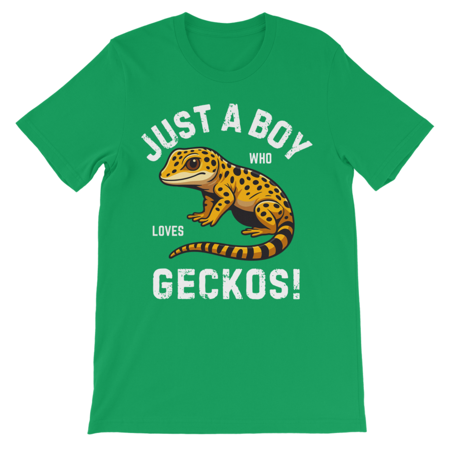 Kids green cotton tee featuring “Just a Boy Who Loves Geckos!” with a cute leopard gecko graphic.