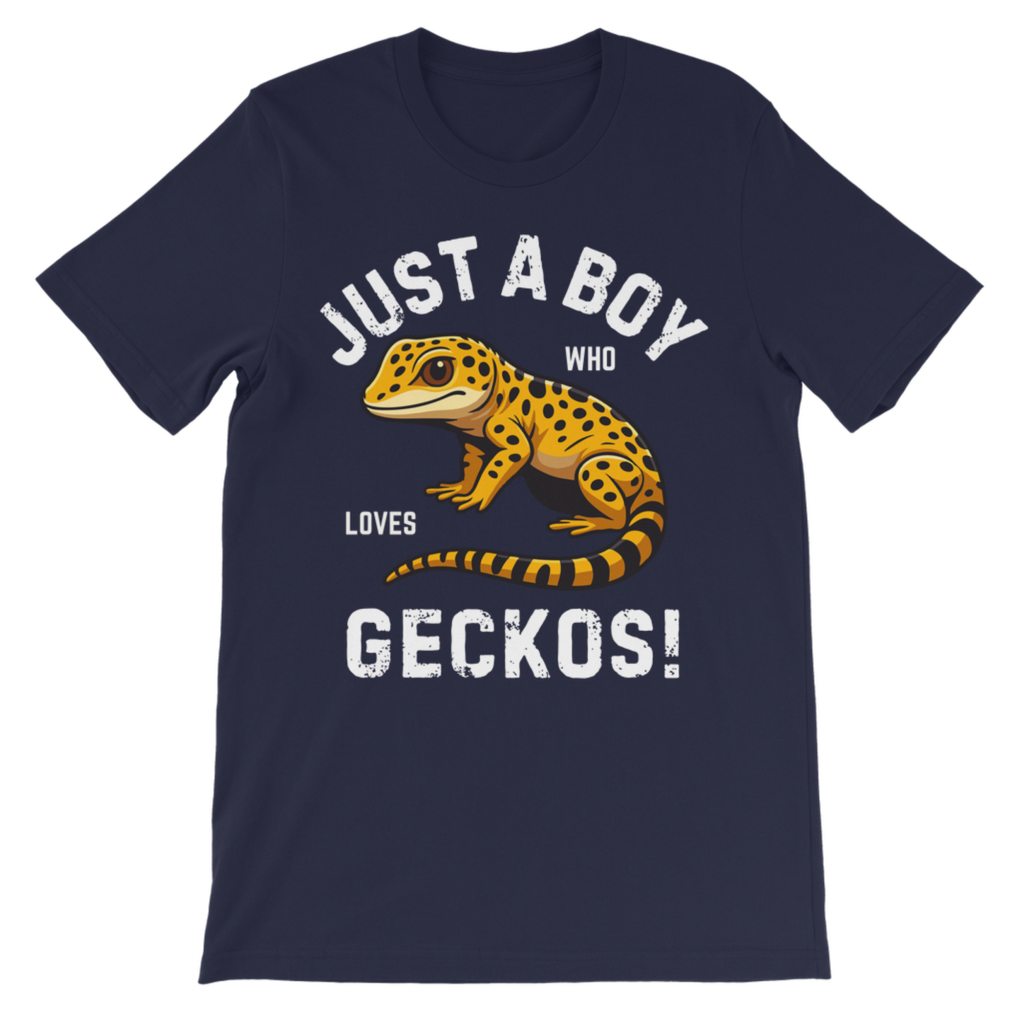 Kids navy “Just a Boy Who Loves Geckos!” T-shirt with a cute leopard gecko graphic.