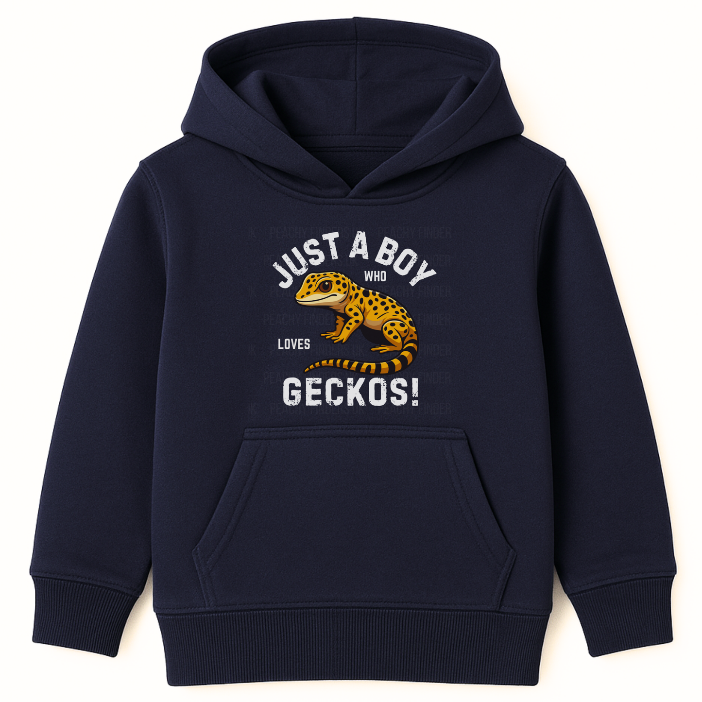 Boys navy pullover hoodie with “Just a Boy Who Loves Geckos” slogan and a yellow leopard gecko graphic on the front.