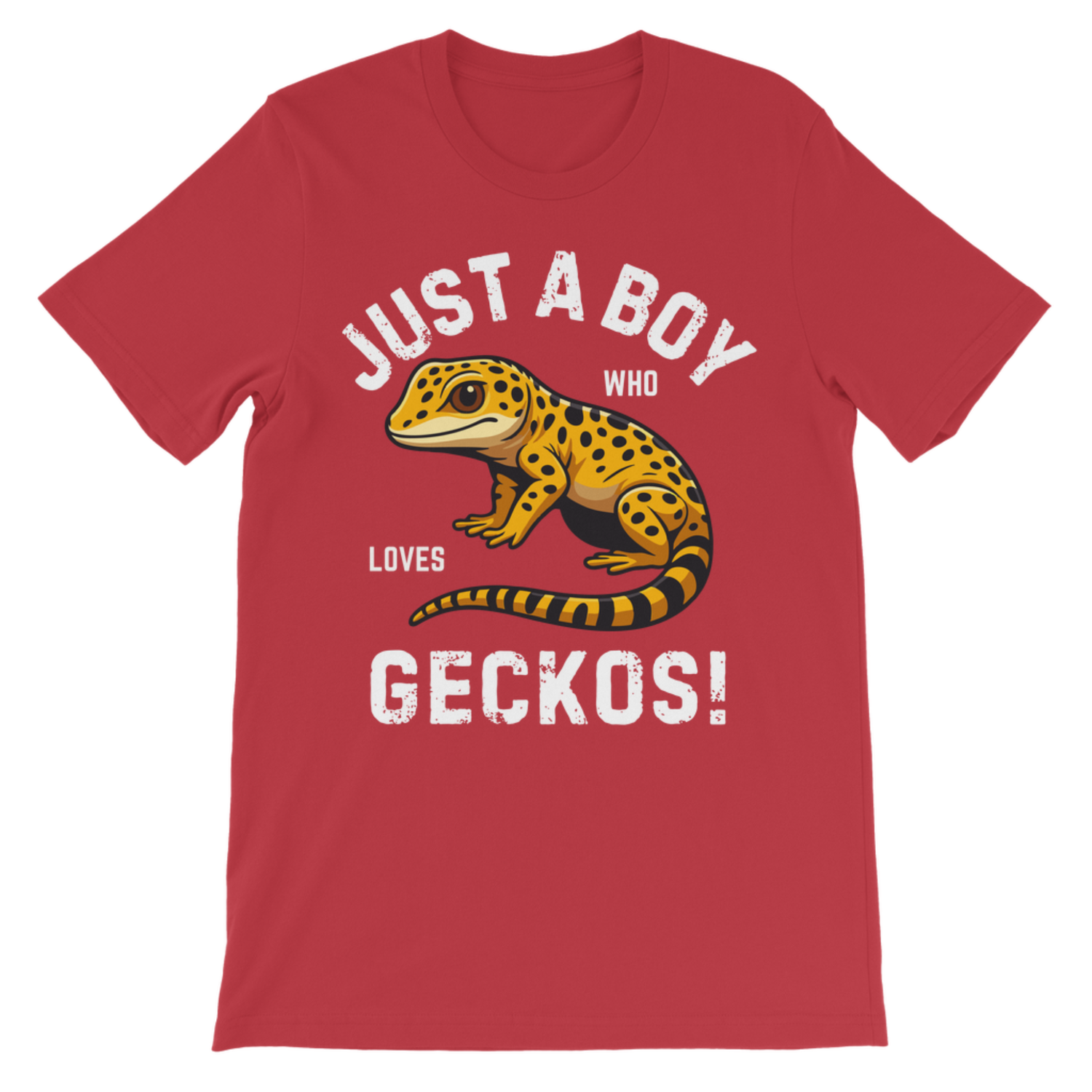Kids red cotton tee featuring “Just a Boy Who Loves Geckos!” with a cute leopard gecko graphic.