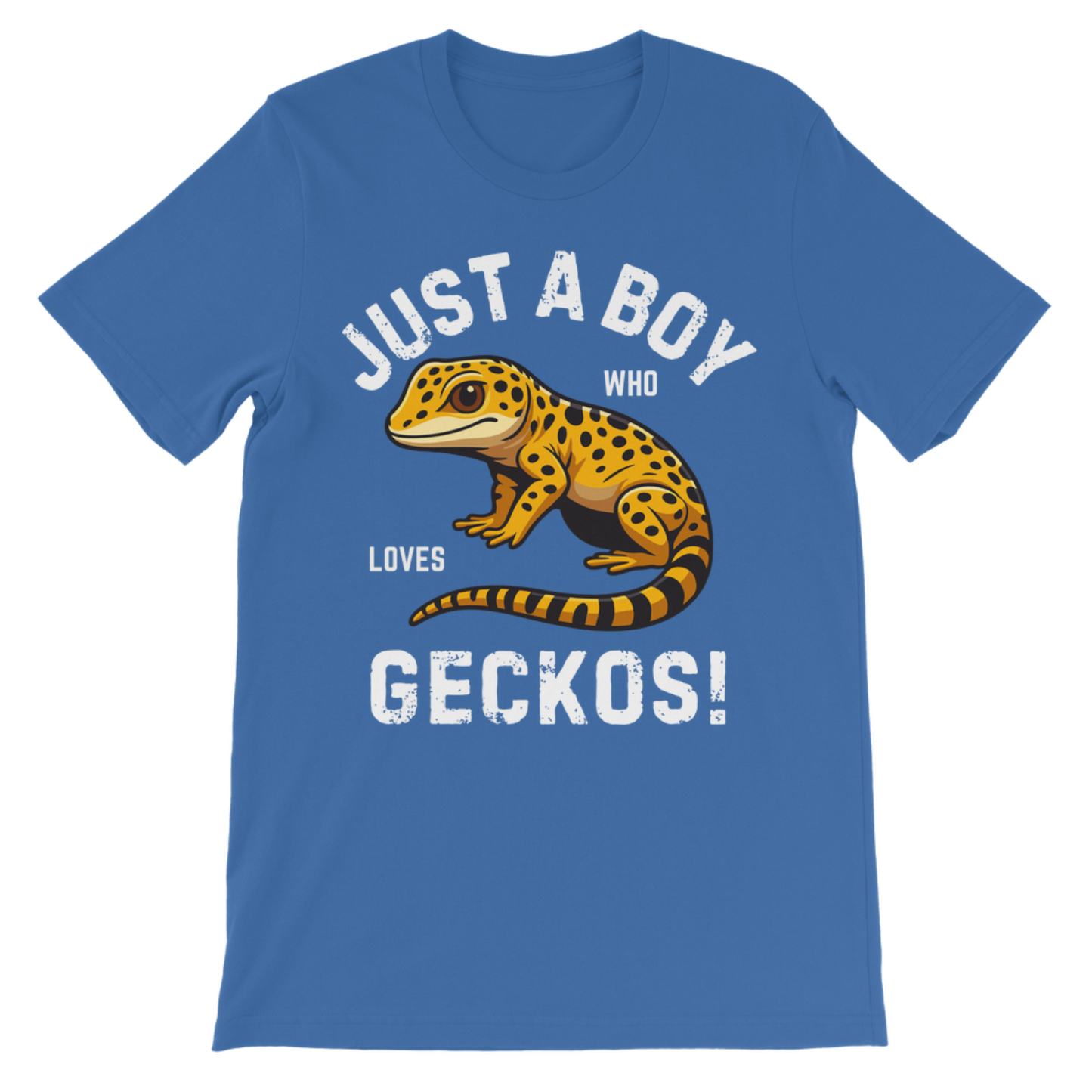 Kids royal blue cotton tee featuring “Just a Boy Who Loves Geckos!” with a cute leopard gecko graphic.