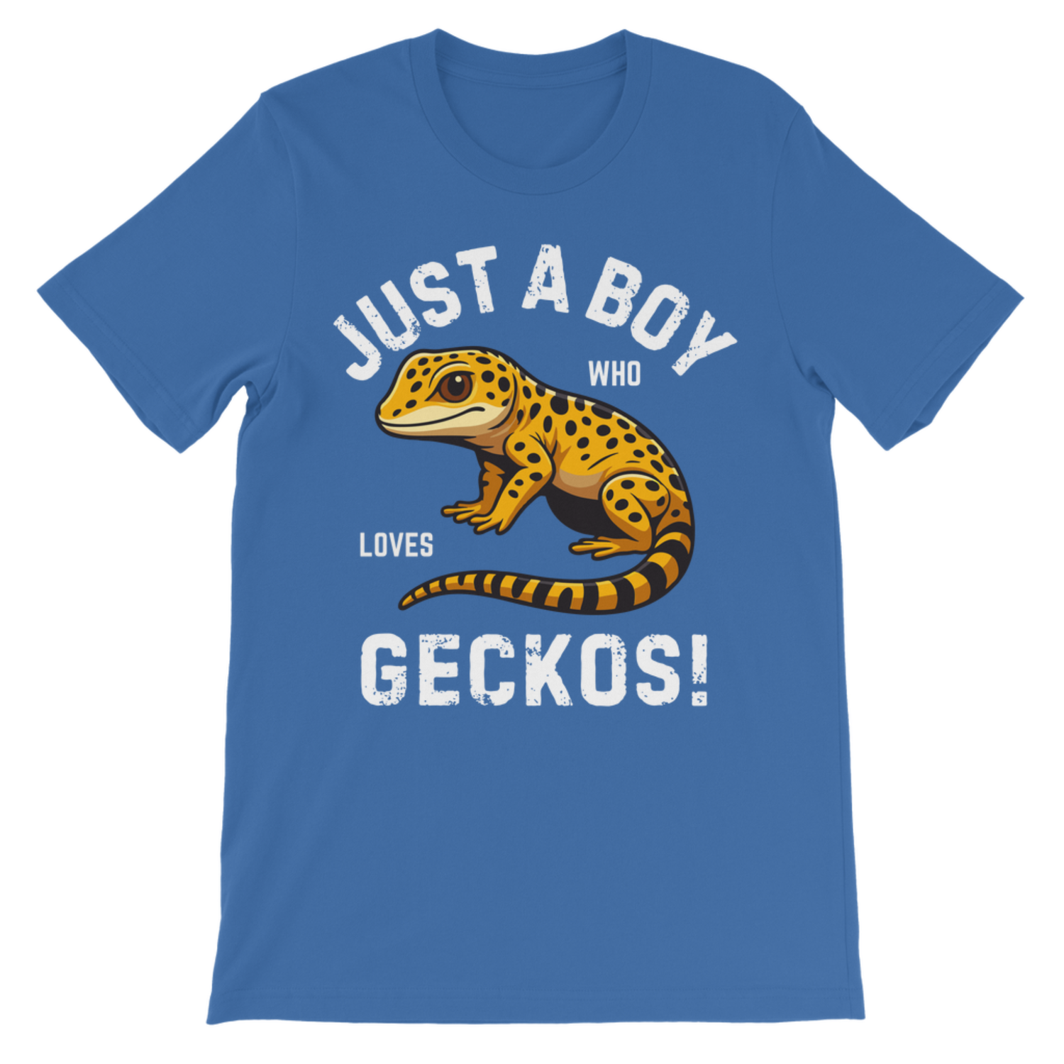 Kids royal blue cotton tee featuring “Just a Boy Who Loves Geckos!” with a cute leopard gecko graphic.