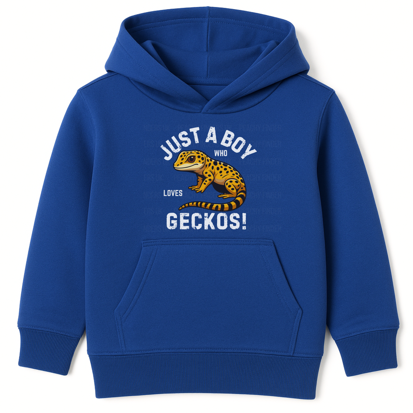 Boys royal blue pullover hoodie with “Just a Boy Who Loves Geckos” slogan and a yellow leopard gecko graphic on the front.