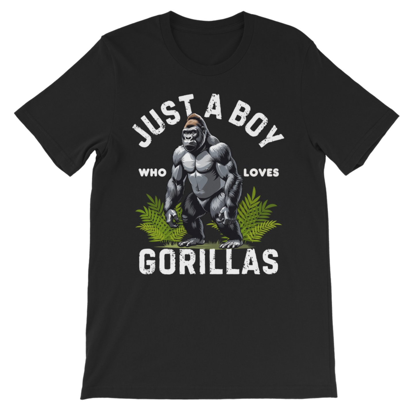 Black "Just a Boy Who Loves Gorillas" kids t-shirt flat lay, front view showing gorilla graphic and text clearly on soft cotton fabric
