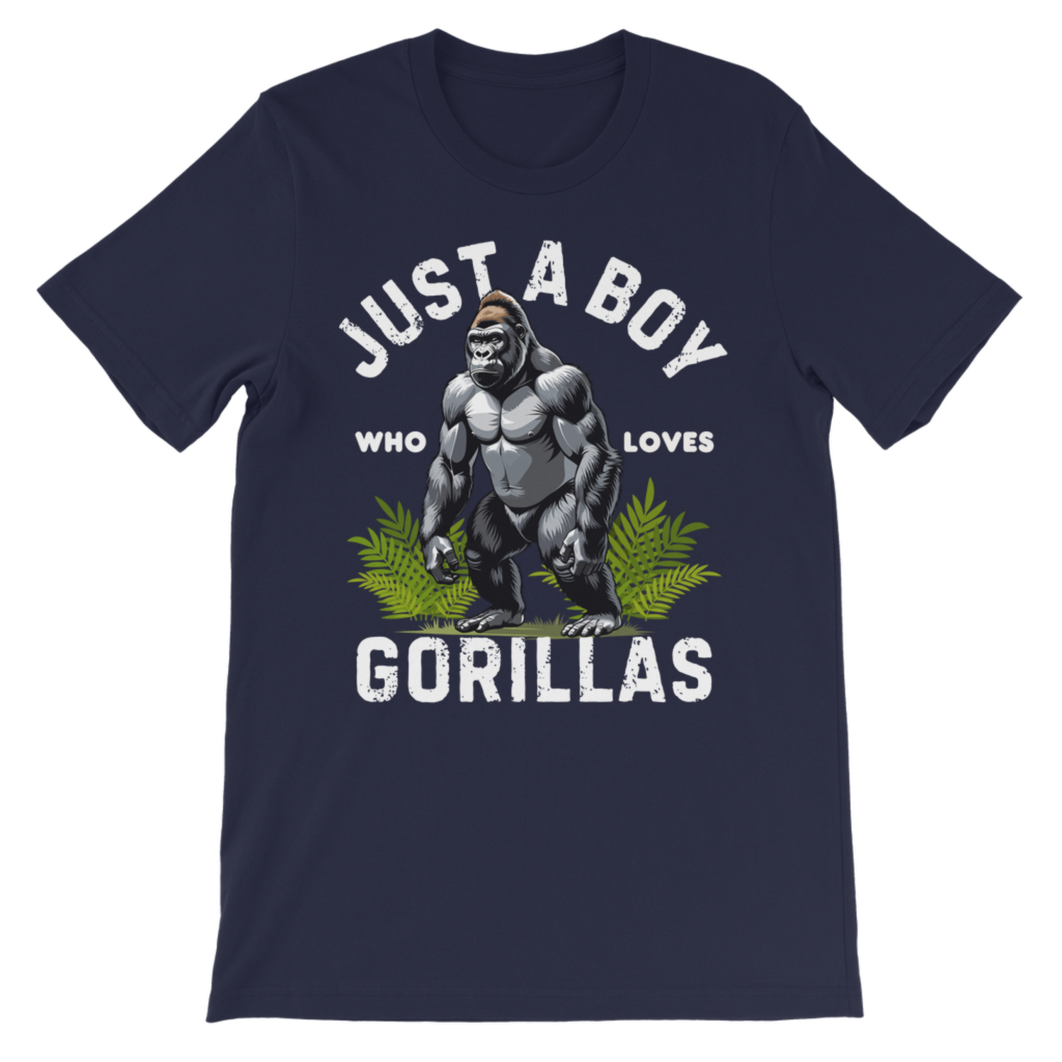 Navy blue "Just a Boy Who Loves Gorillas" kids t-shirt flat lay, clear front view showing gorilla design and premium cotton fabric