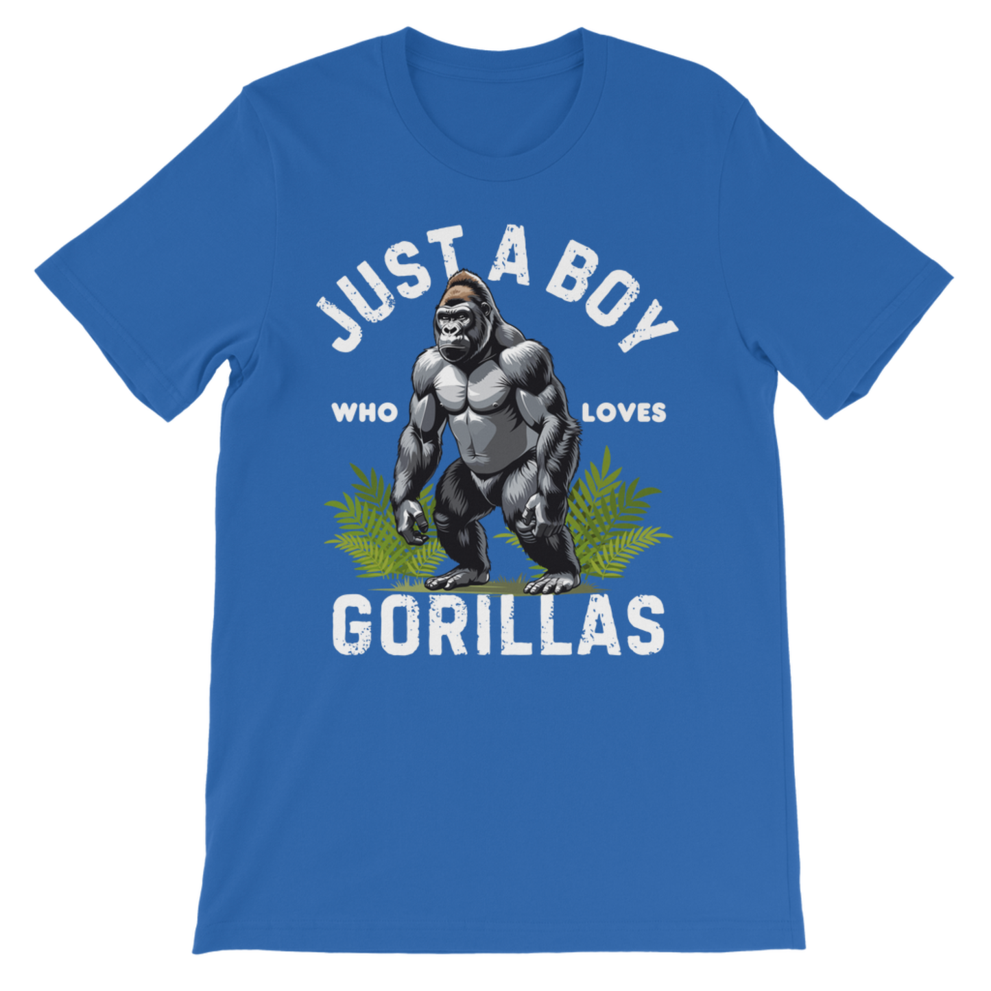 Royal blue gorilla graphic kids t-shirt flat lay, "Just a Boy Who Loves Gorillas" print, front view showing colour and design detail