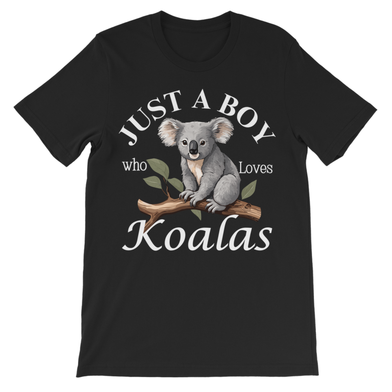 Black boys koala t-shirt with “Just a Boy Who Loves Koalas” design, kids graphic animal tee